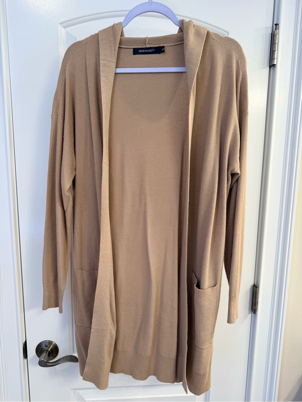 Hooded Open-Front Cardigan in Camel